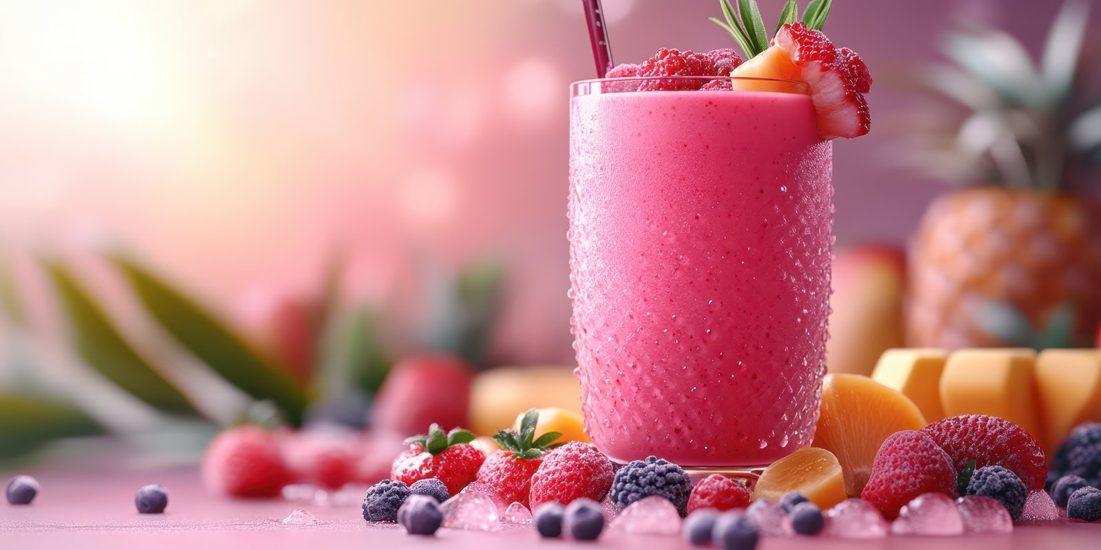 Refreshing berry smoothie with vibrant fruits and tropical decor for a summer beverage